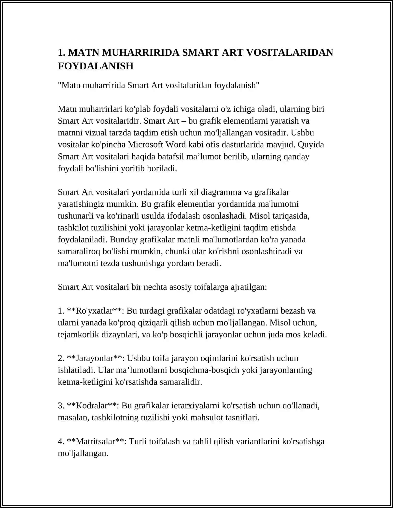 MATN MUHARRIRIDA SMART ART, WORD ART, JADVALLAR GIPERBOGʻLANISH VA MAKROSLAR BILAN ISHLASH MAVZUSIDA 4
