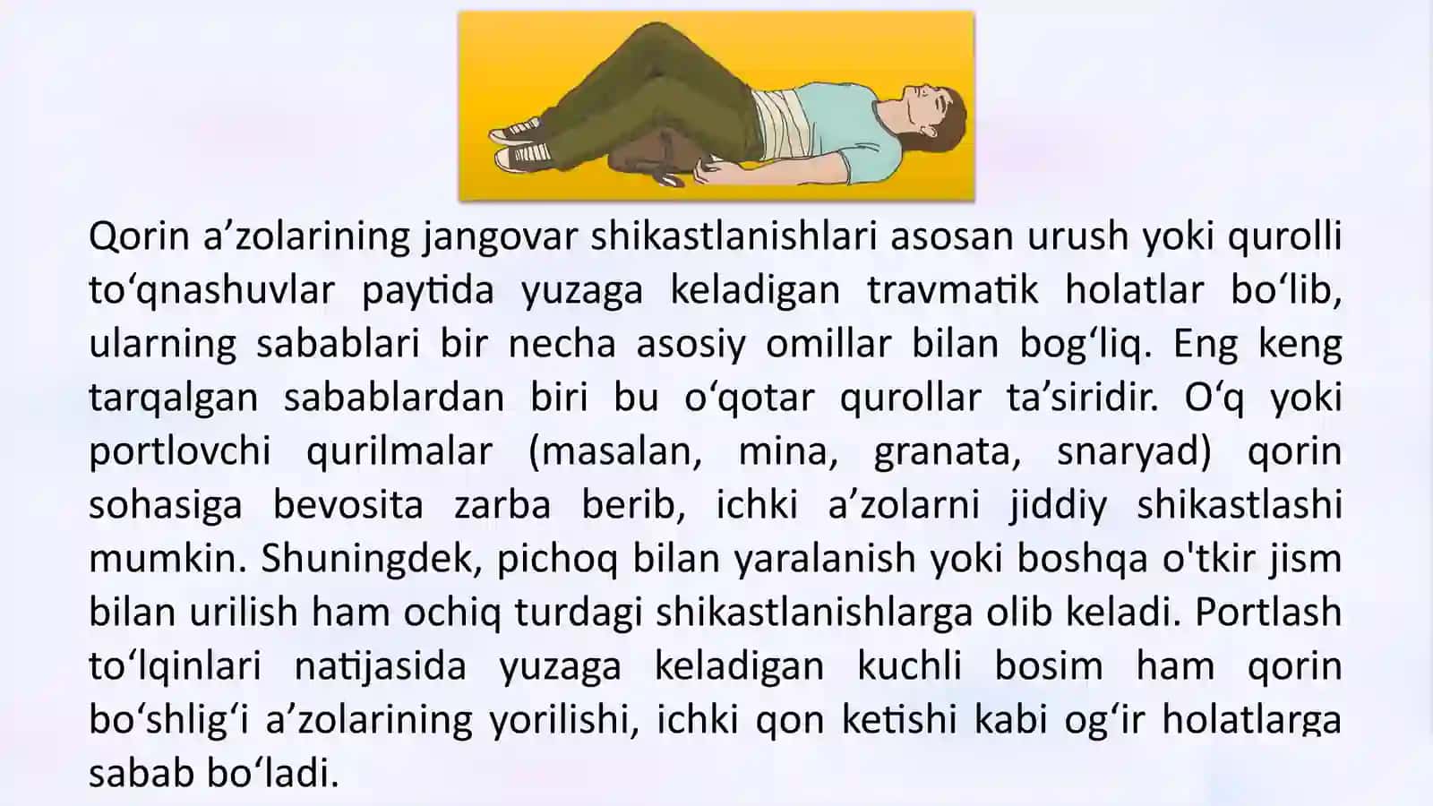 Qorin a’zolarining jangovor shikastlanishlari, evakuatsiya bosqichlari, saralash guruhlari va davolash prinsiplari 4