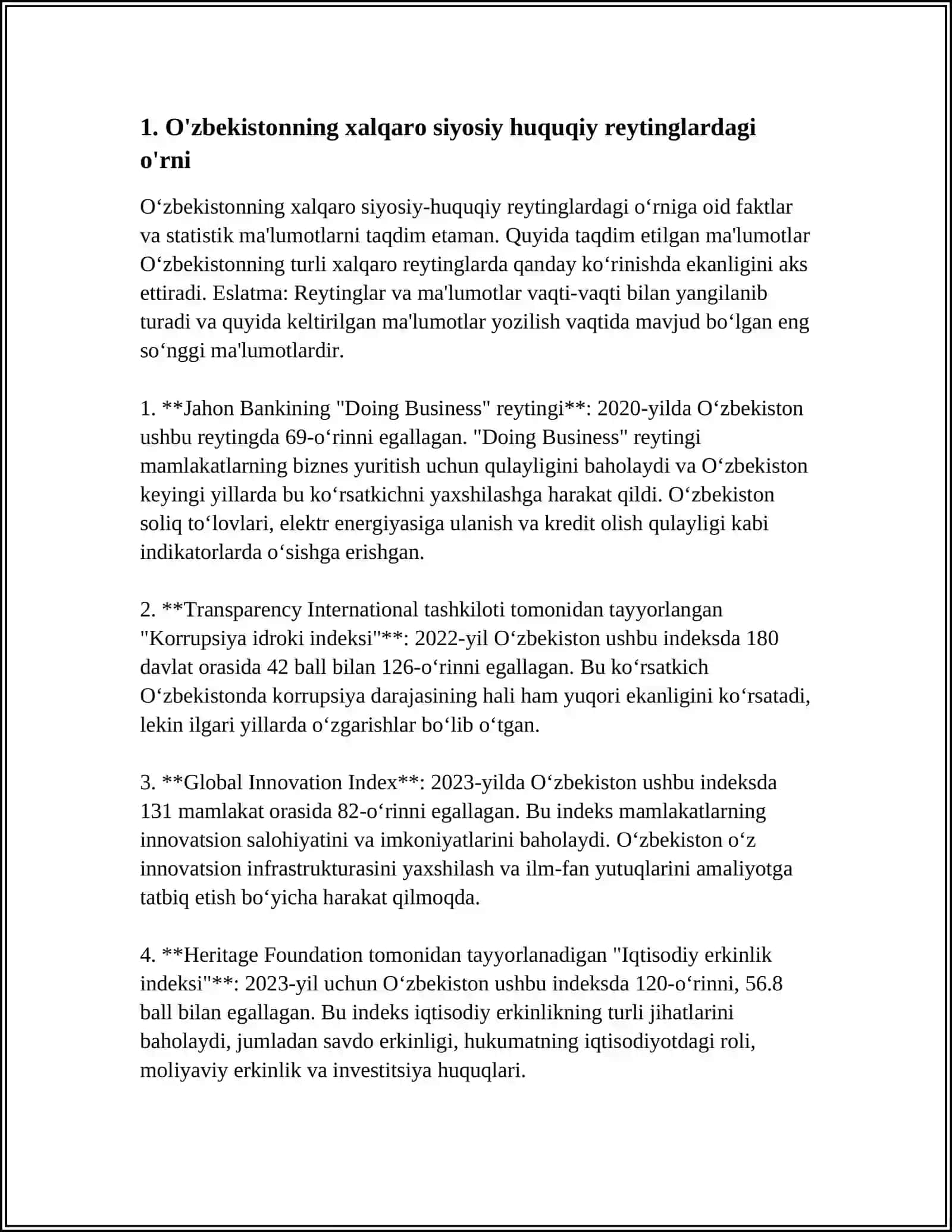 SIYOSIY HUQUQIY SOHADAGI USTUVOR XALQARO REYTINGLAR VA ULARGA O'ZBEKISTONNING INTEGRATSIYALASHUVI 4