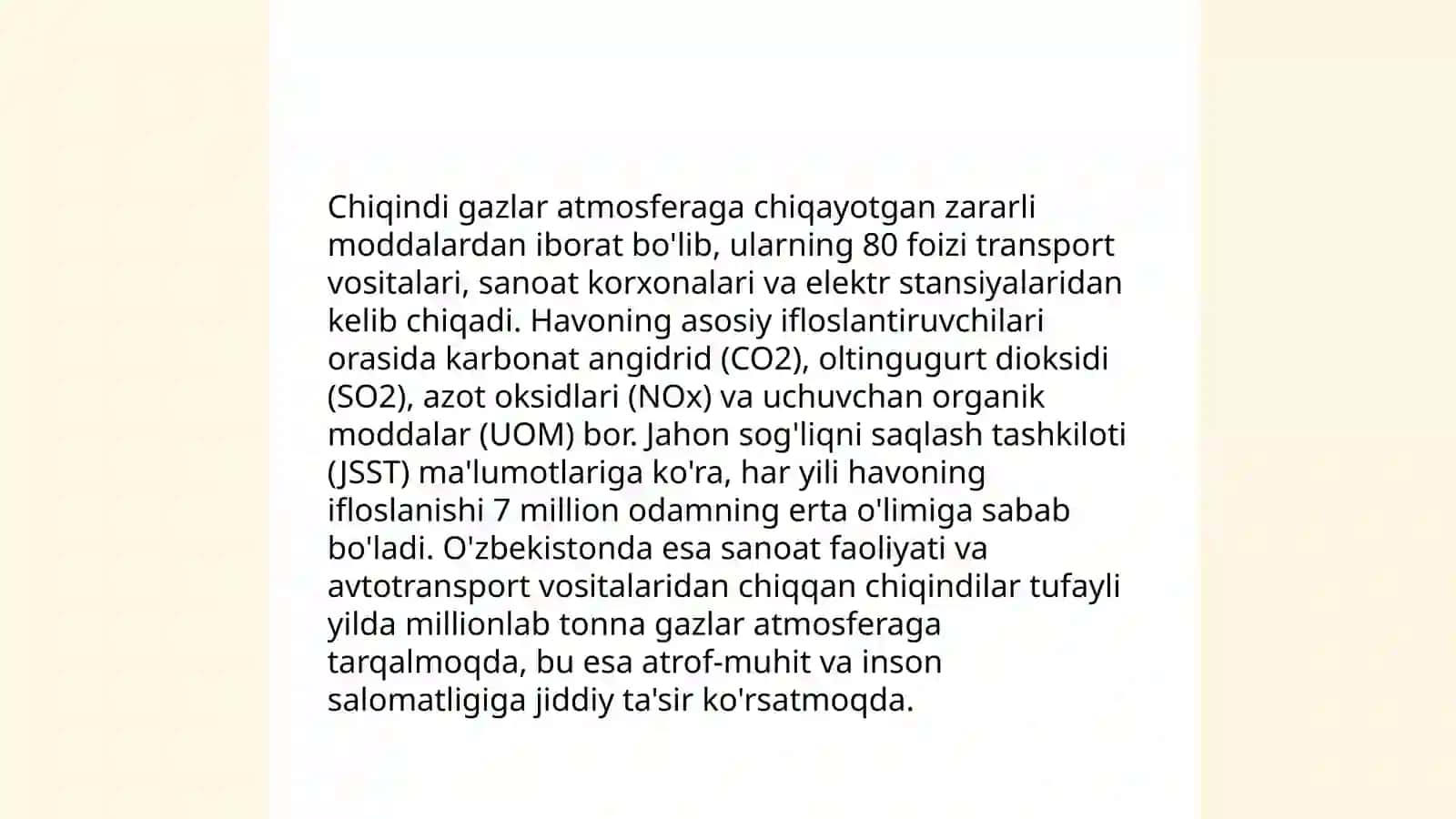 Avtotiraspirtning chiqindi gazining tarkibi va atrof muhutga ta'sinini aniqlash 4
