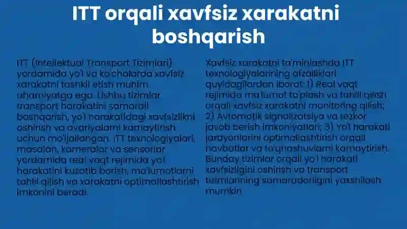 Yo'l va ko'chalarda xavfsiz xarakatlanishni tashkil etish va bishqarishda ITT ni qo'llash 4