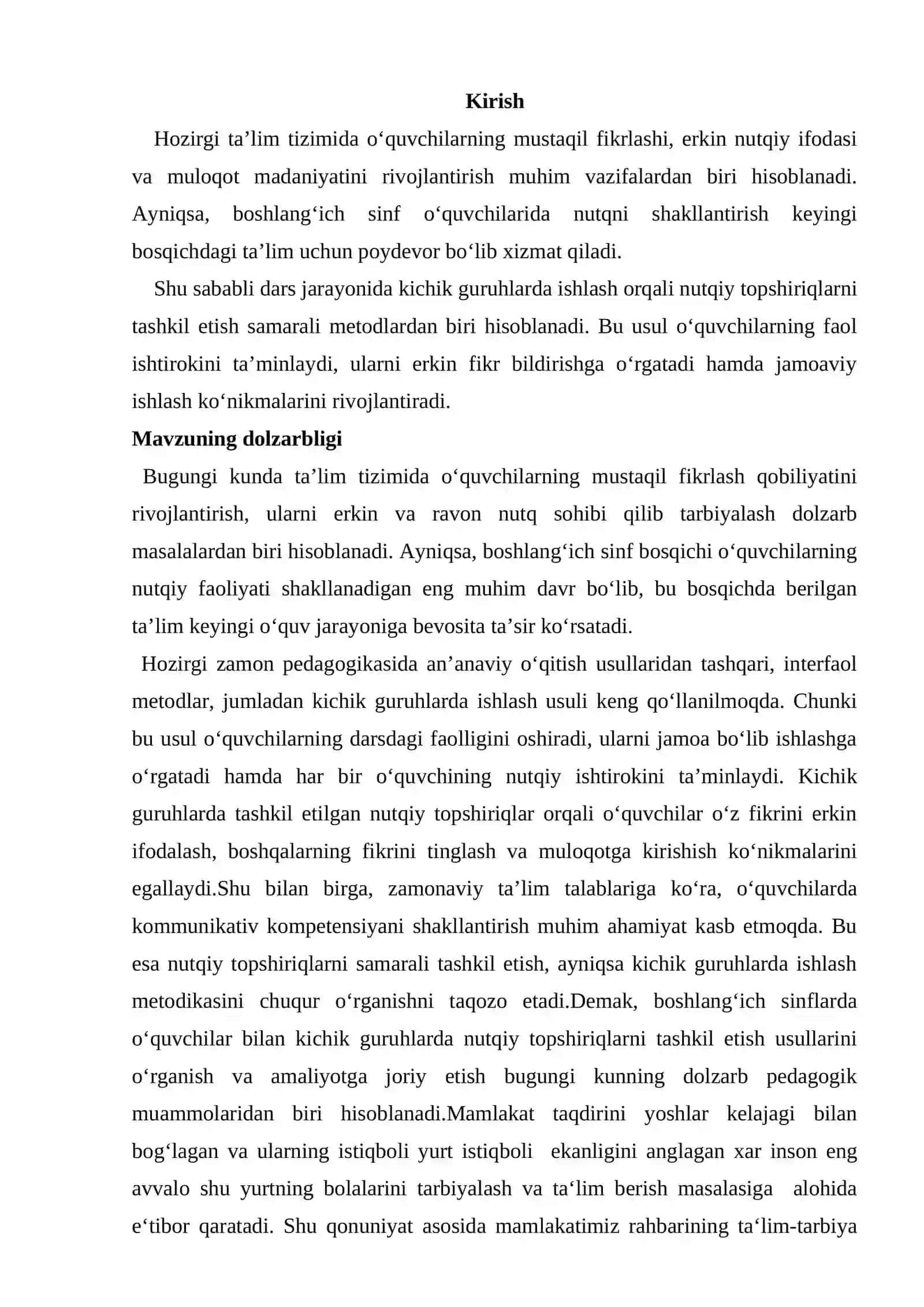 KURS ISHI: Boshlangʻich sinflarda oʻquvchilar bilan kichik guruhlarda nutqiy topshiriqlarni tashkil etish usullari 4