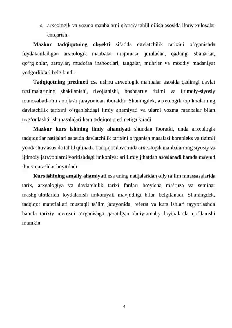 ARXEOLOGIK TADQIQOTLAR NATIJALARIDAN DAVLATCHILIK TARIXINI O'RGANISHDA FOYDALANISH 4