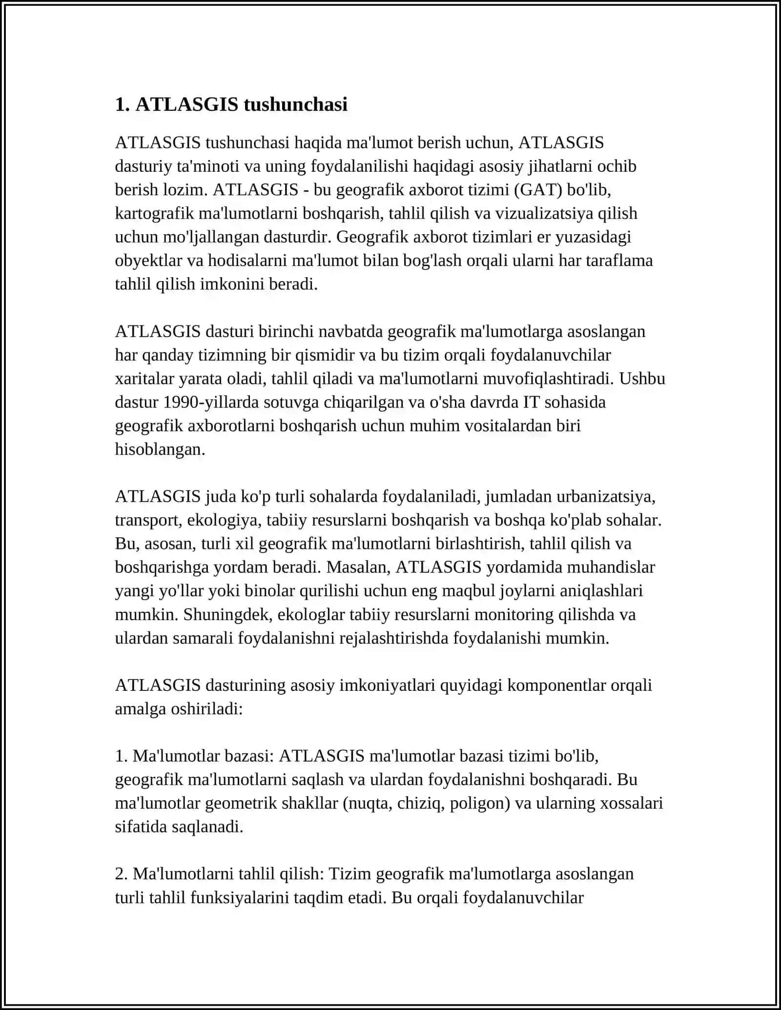 ATLASGIS GEOGRAFIK AXBOROT TIZMI HAQIDA TUSHUNCHA BERING 4