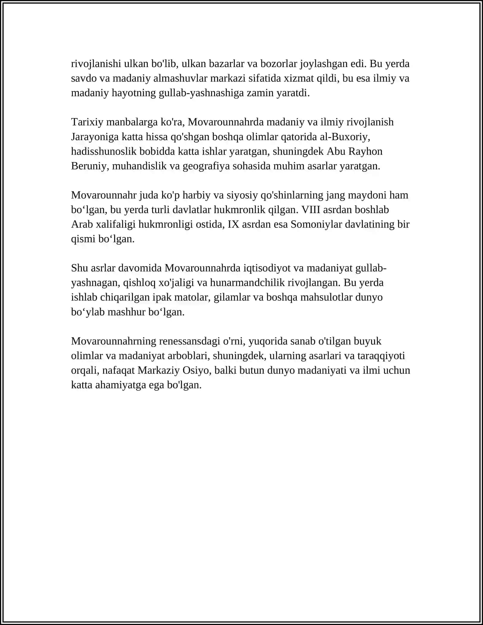 9-12-ASRLARDA MAMLAKAT HUDUDIDA RÒY BERGAN MADANIY UYĢONISH RENESANS.BUYUK ALLOMALARNINGJAHON SIVILIZATSIYASIGA QÒSHAN HISSASI 4