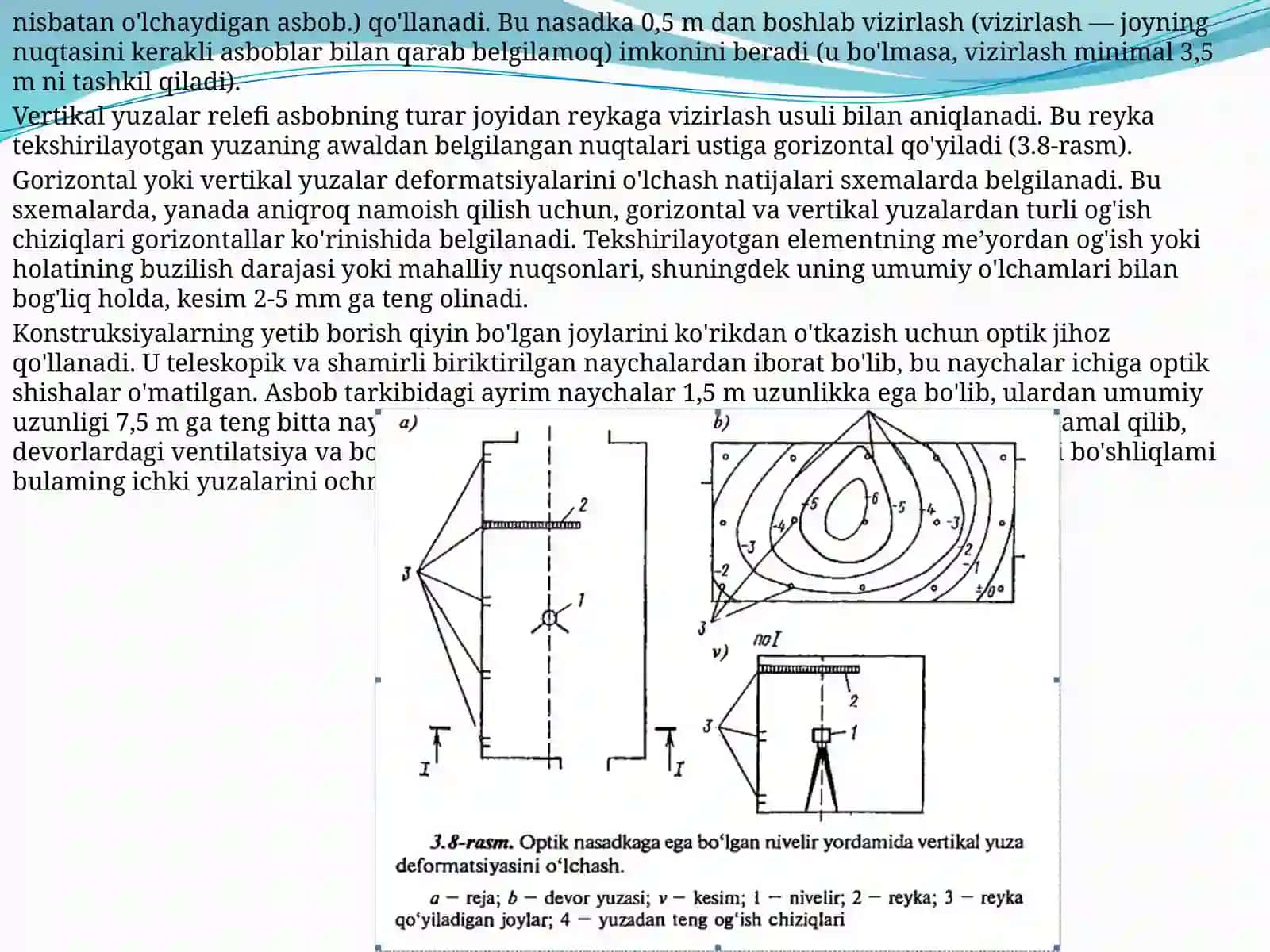 Tekshirish ishlarining asbob-uskunalar bilan ta’minlanishi. Mustahkamlik va deformativ xususiyatlarni aniqlash uchun ishlatiladigan asbob-uskunalar. Binolar tashhisida texnika havfsizligi 4