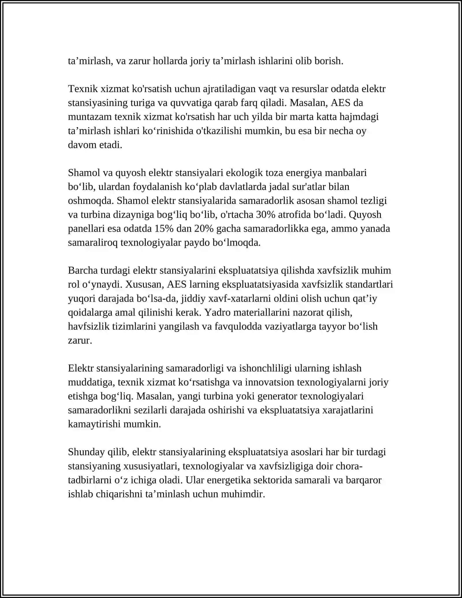 IESNI EKSPLUATATSIYASINI TASHKIL QILISH. ELEKTROSTANSIYANI ISHLASHINI BOSHQARISH 4