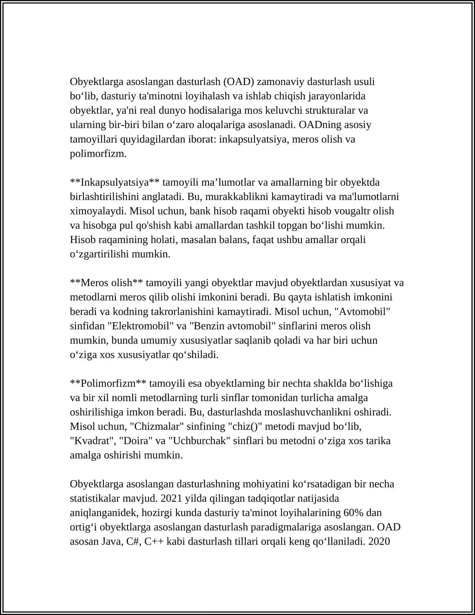 OBYEKTLAR MASSIVI. SINFLAR ORASIDAGI MUNOSABATLAR. SINF METODLARI 4