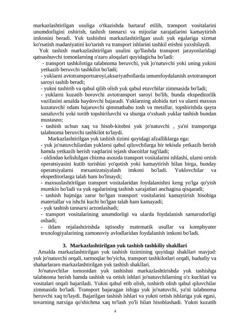 MAVZU. YUK TASHISHNI TASHKIL ETISH TIZIMLARI VA AVTOMOBILLAR HARAKATINI TASHKIL ETISH 4