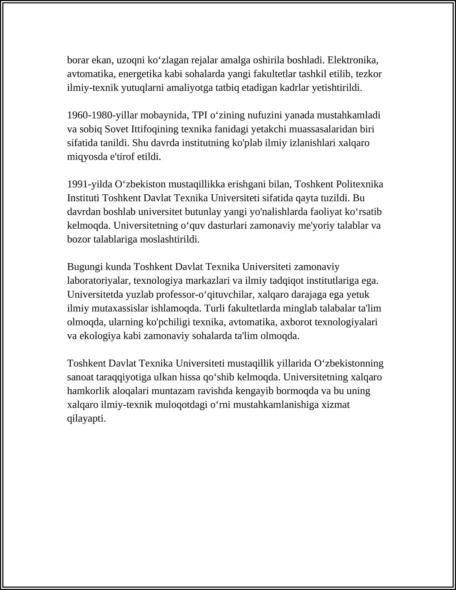REFERAT Mavzu: TOSHKENT DAVLAT TEXNIKA UNIVERSITETI 4