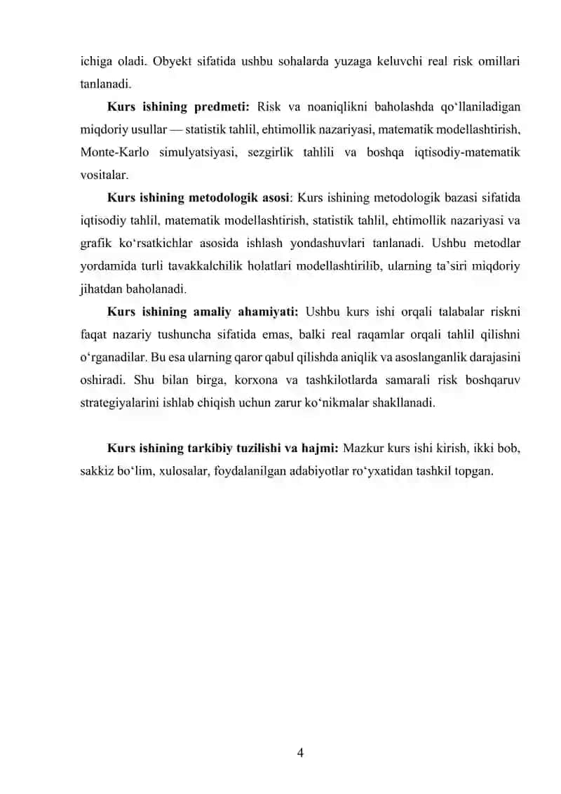 "RISK VA NOANIQLIKNI BAHOLASHNING MIQDORIY USULLARI" KURS ISHI 4