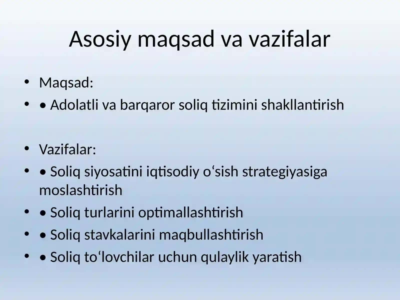 O‘zbekiston Respublikasi soliq siyosatini takomillashtirish kontseptsiyasimazmun-mohiyativaustuvoryo‘nalishlari 4