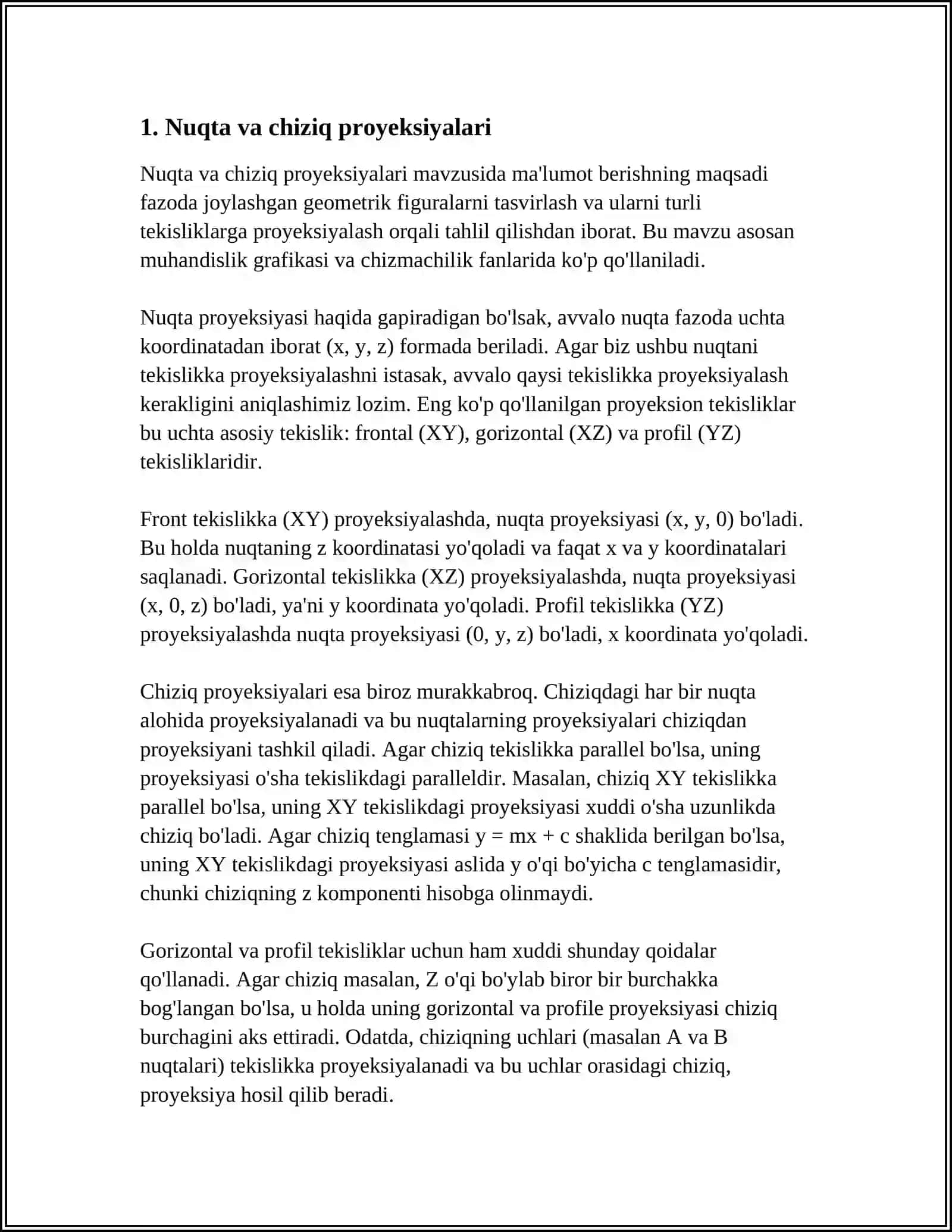 NUQTA, TO'G'RI CHIZIQ VA TEKISLIK PROYEKSIYALARI 4
