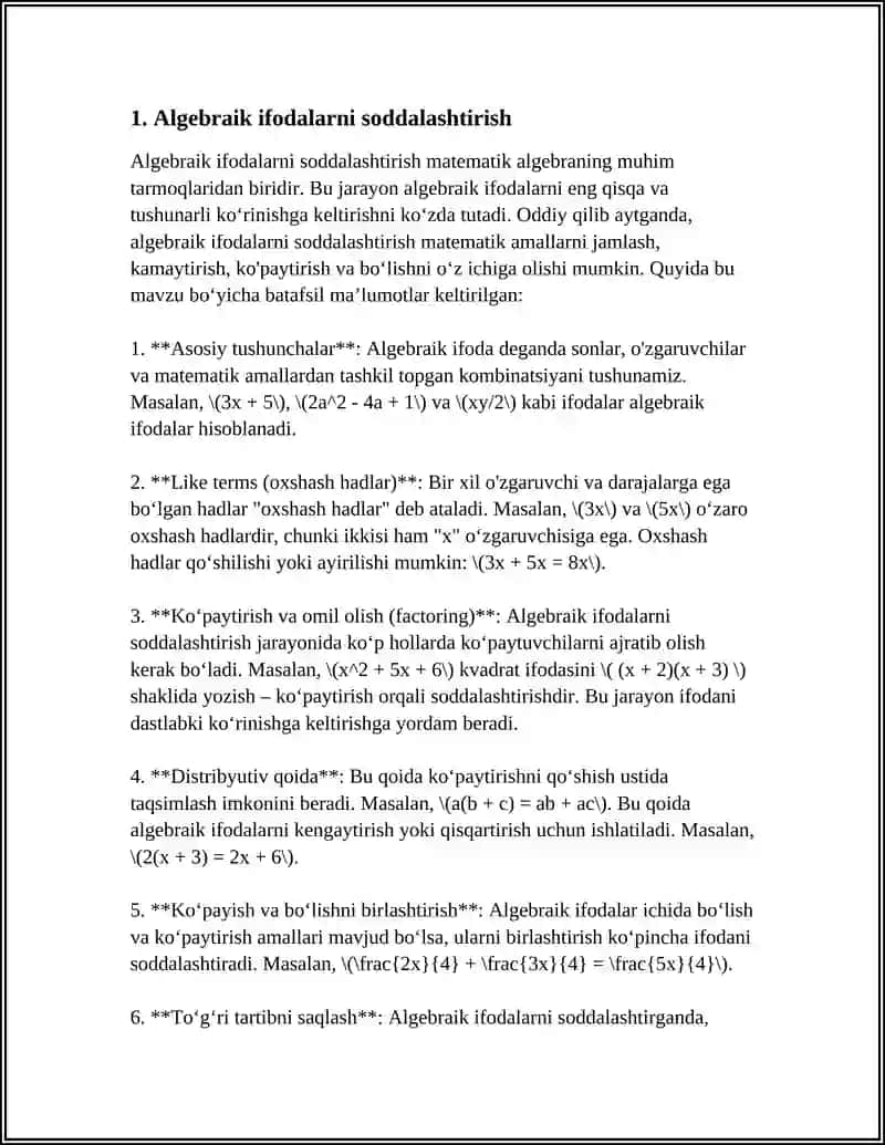 Algebraik ifodalarni soddalashtirish 4