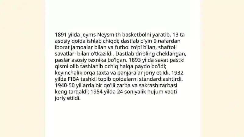 Basketbol oʼyinining kelib chiqishi. Ozbekistonda basketbolning rivojlanishi 4