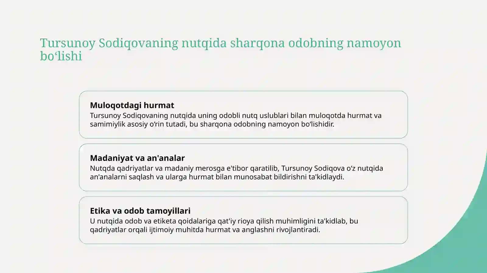 Tursunoy sodiqovaning nutqida sharqona odob masalalarining aks etishi 4