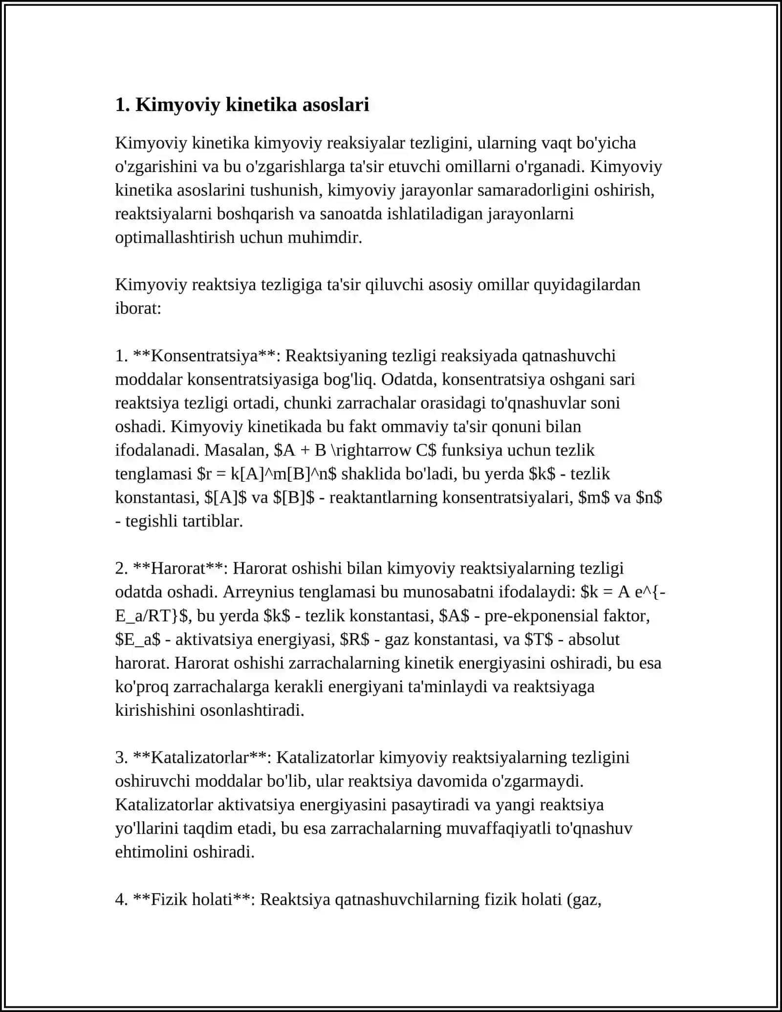 KIMYOVIY REAKSIYALARNING KINETIK JIHATDAN TURLARI. KINETIKANING NAZARIYALARI 4