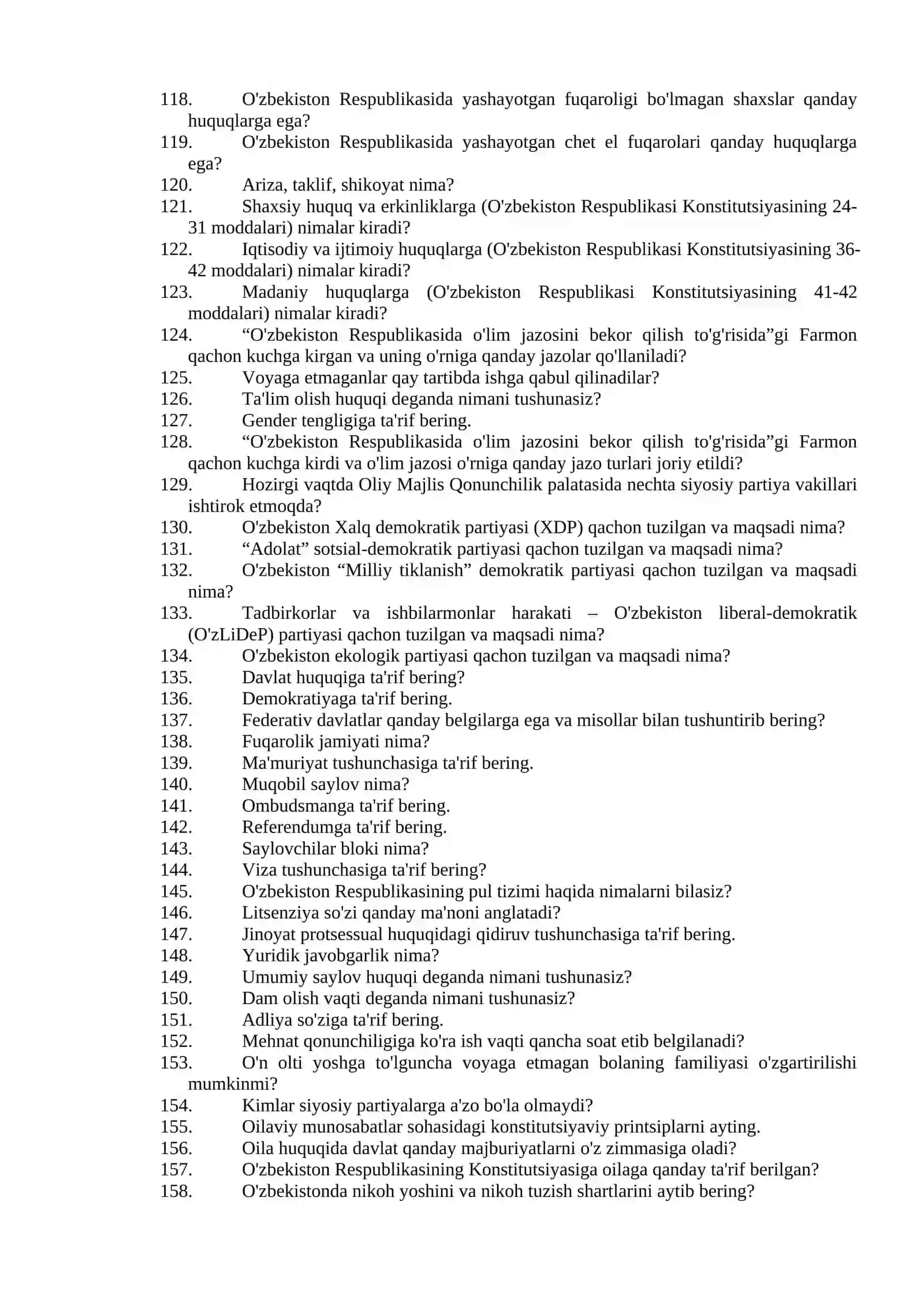 O'zbekiston Respublikasi Konstitutsiyasi bo'yicha savol-javoblar 4