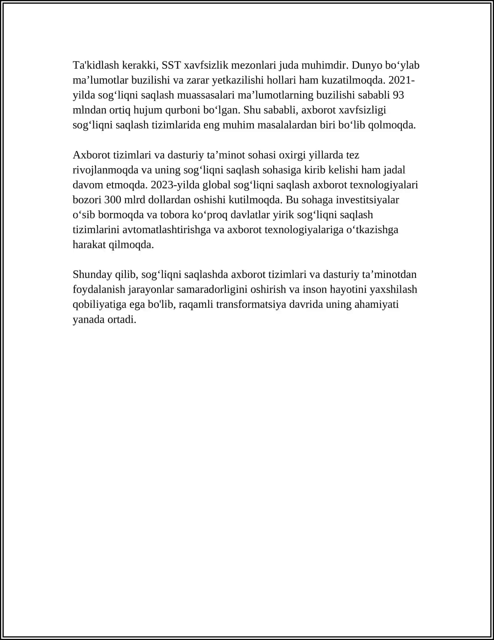 TIBBIYOTDA ISHCHI OʻRINLARINI AVTOMATLASHTIRISHDA VA TIBBIY MASALALARINI YECHISHDA AXBOROT TEXNOLOGIYALARI. DASTURIY TA'MINOT 4