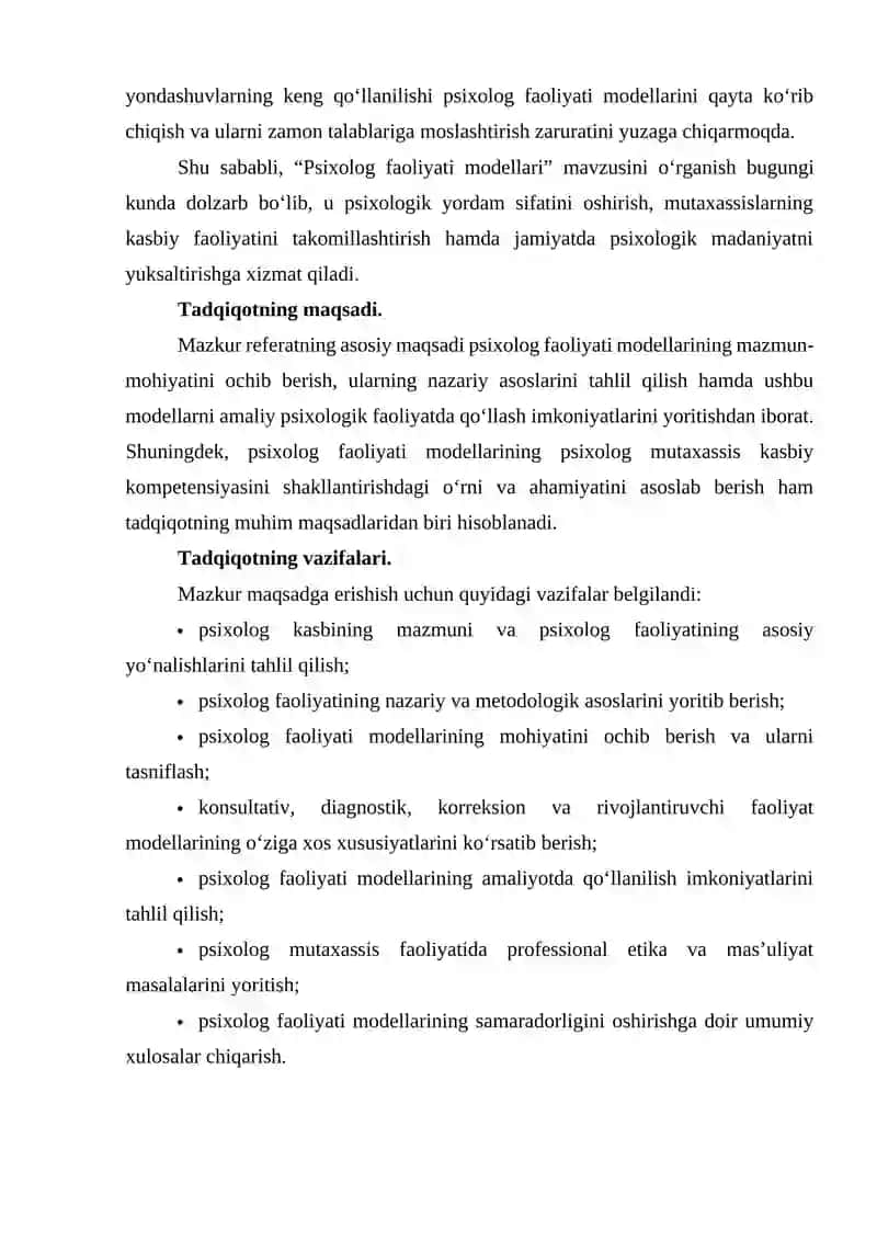psixolog faoliyati modedllari. referat 4