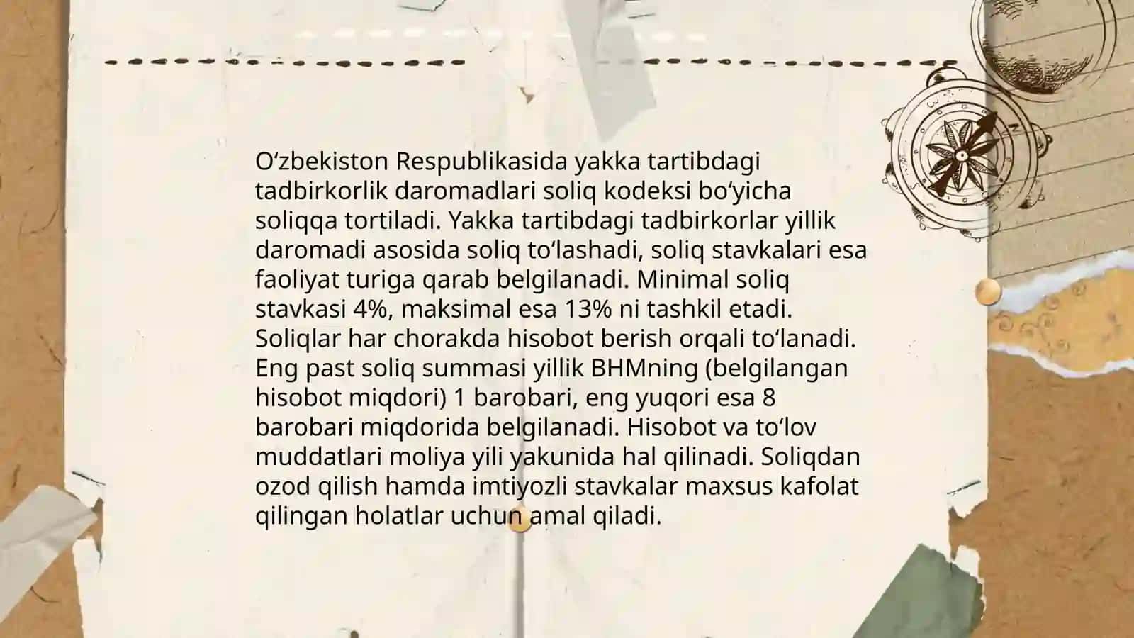 Jismoniy shaxslarning tadbirkorlik foaliyatidan olinadigan daromatlarni soliqqa tortishning o’ziga xos xususiyatlari 4