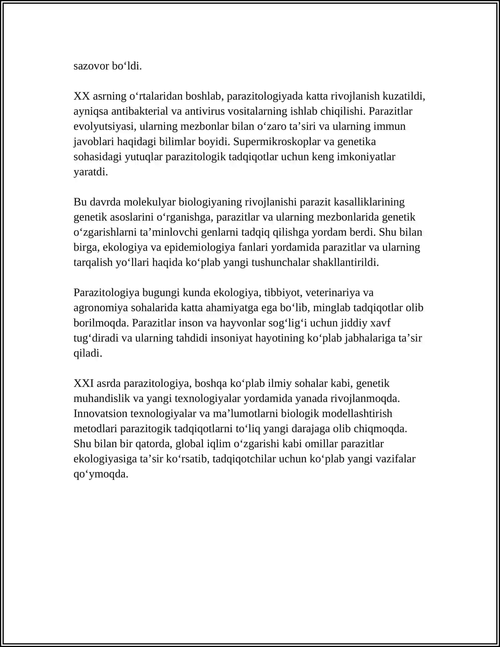 MUSTAQIL ISH Mavzu: PARAZITOLOGIYA AHAMIYATI 4