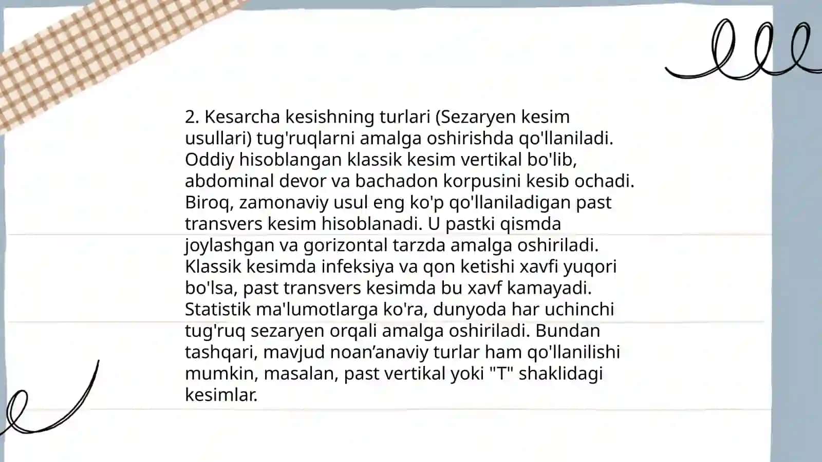 Kesarcha kesish laparotomiyada, turlari, ko’rsatmalari va qarshi ko’rsatmalar 4