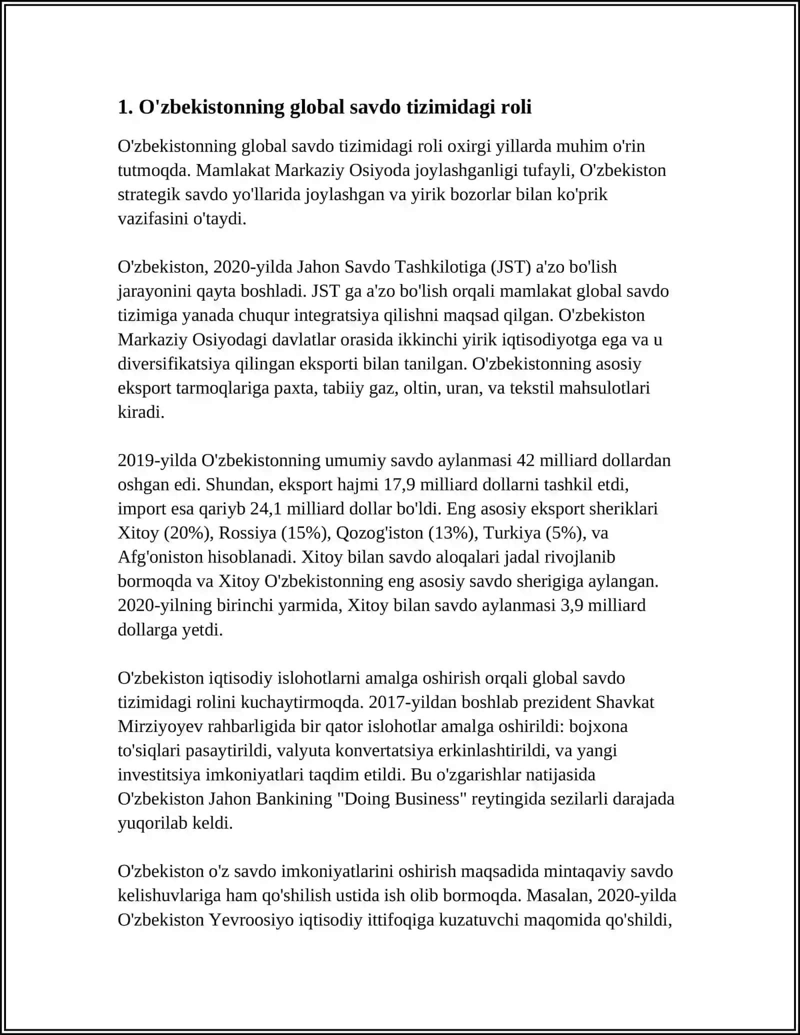 O'ZBEKISTONNING JAHON IQTISODIYOTIGA INTEGRATSIYALASHUVI VA TASHQI IQTISODIY FAOLIYATI 4