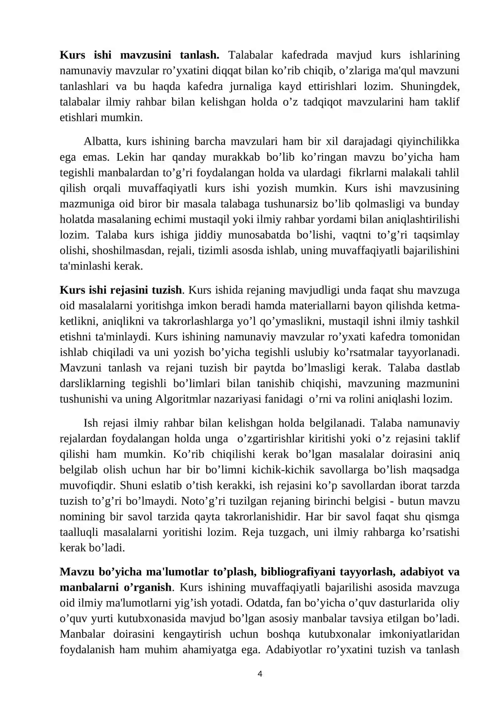 ALGORITMLAR NAZARIYASI fanidan KURS ISHLARINI YOZISH VA RASMIYLASHTIRISH BO’YICHA USLUBIY QO’LLANMA 4