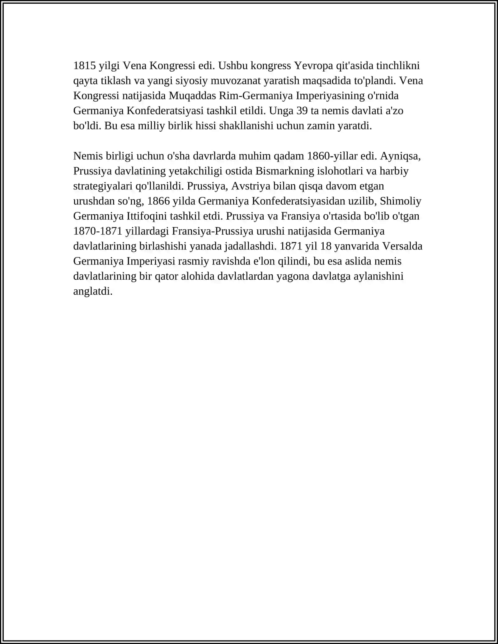 GERMANIYA IMPERIYASINING VUJUDGA KELISHI VA USHBU JARAYONDA O.BISMARKNING TUTGAN OʻRNI 4