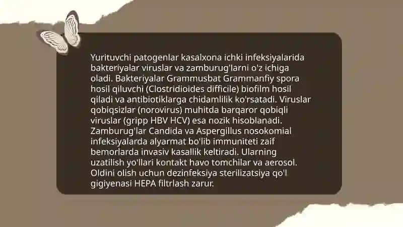 Kasalxona ichi infeksiyasi haqida tushuncha va uni oldini olish choralari. Ixtisoslashgan markazlarga bo’lgan asosiy gigenik talablar 4