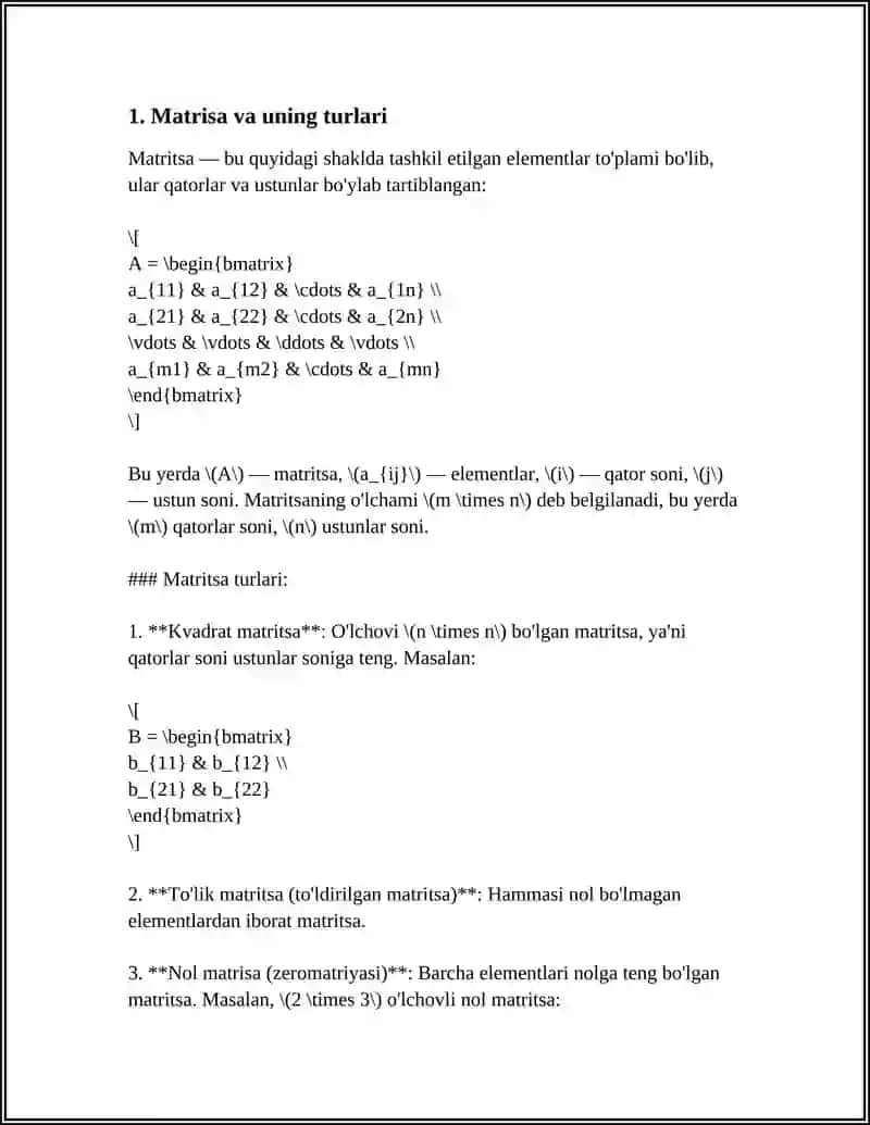 MATRITSA VA DETERMINANTLAR. CHIZIQLI TENGLAMALAR SISTEMASI. VEKTORLAR VA ANALITIK GEOMETRIYA ELEMENTLARI 4
