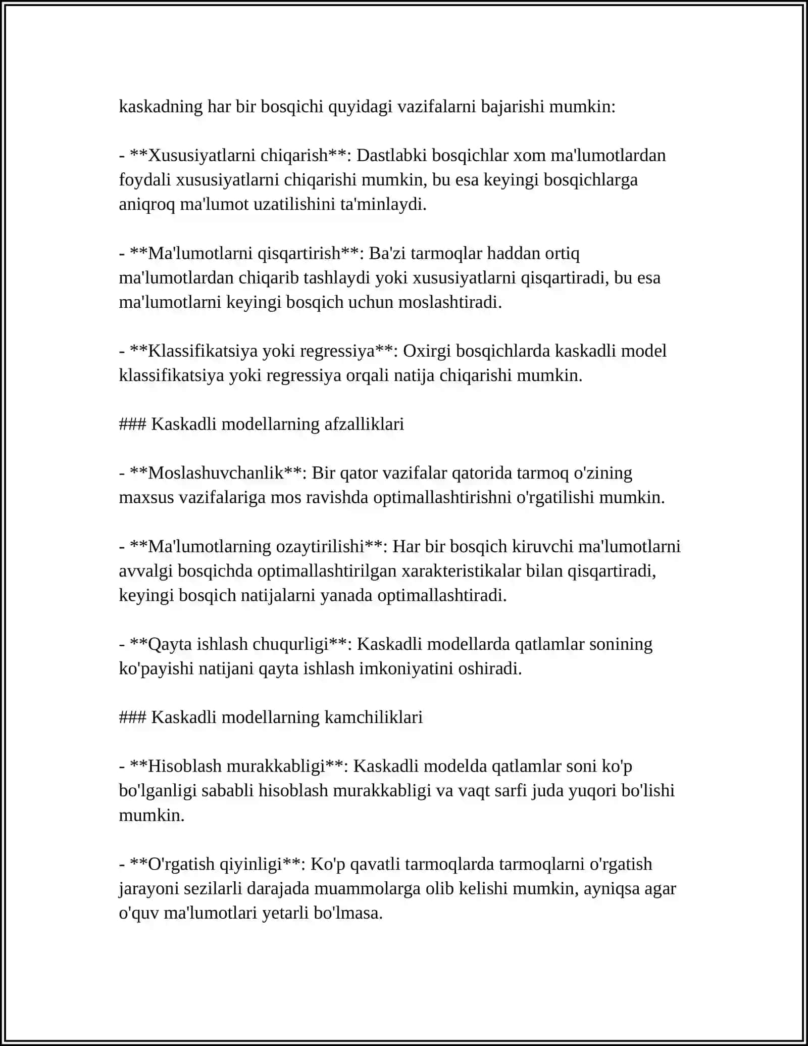 NEYRON TARMOG'I KASKADLI MODELIG'A OID BERILGAN TOPSHIRIQLARNI BAJARING 4