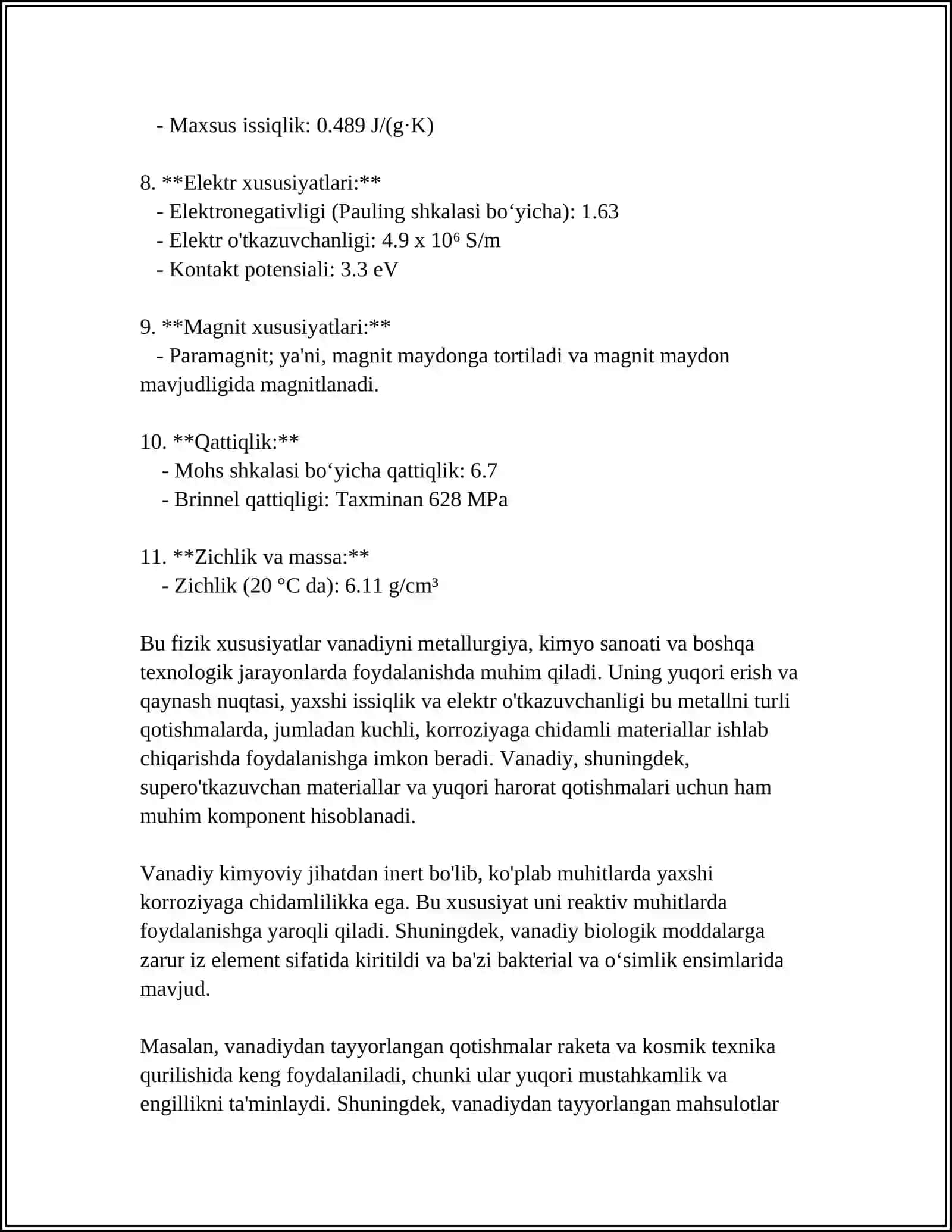 VANADIY METALLARINI SIFAT KO'RSATGICHLARINI BELGILANGAN TALABLARINI O'RGANISH 4
