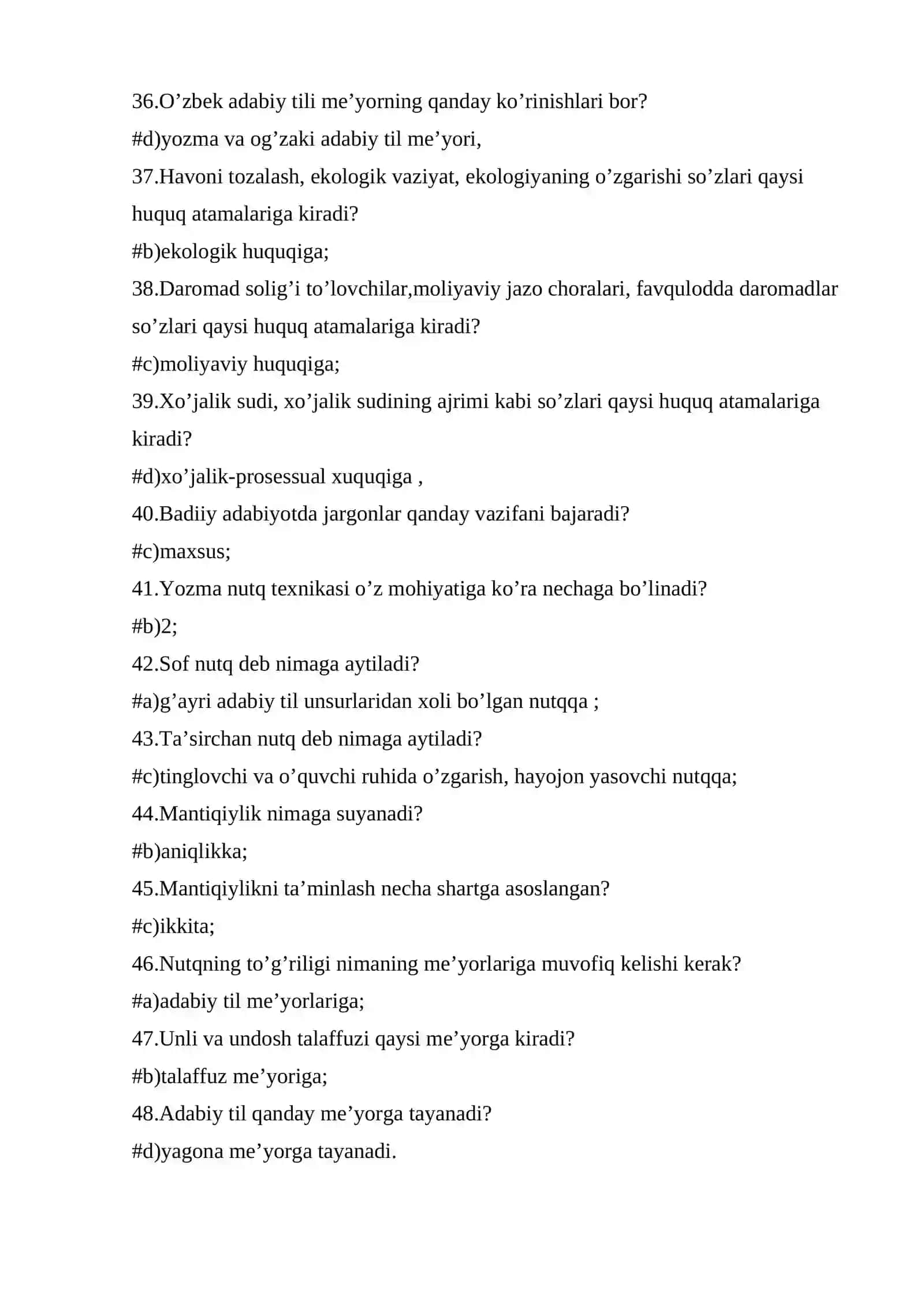Ona tili test, javoblari bilan 4