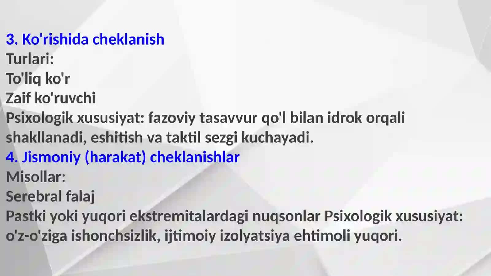 Imkoniyati cheklangan bemorlarning psixologik xususiyatlari. Onkologik bemorlarning psixologik xususiyatlarining o'ziga xosligi 4