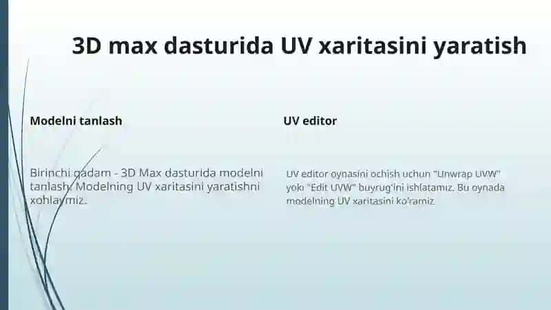 3D Max dasturida UV xaritalarini yaratish va eksport qilish 4