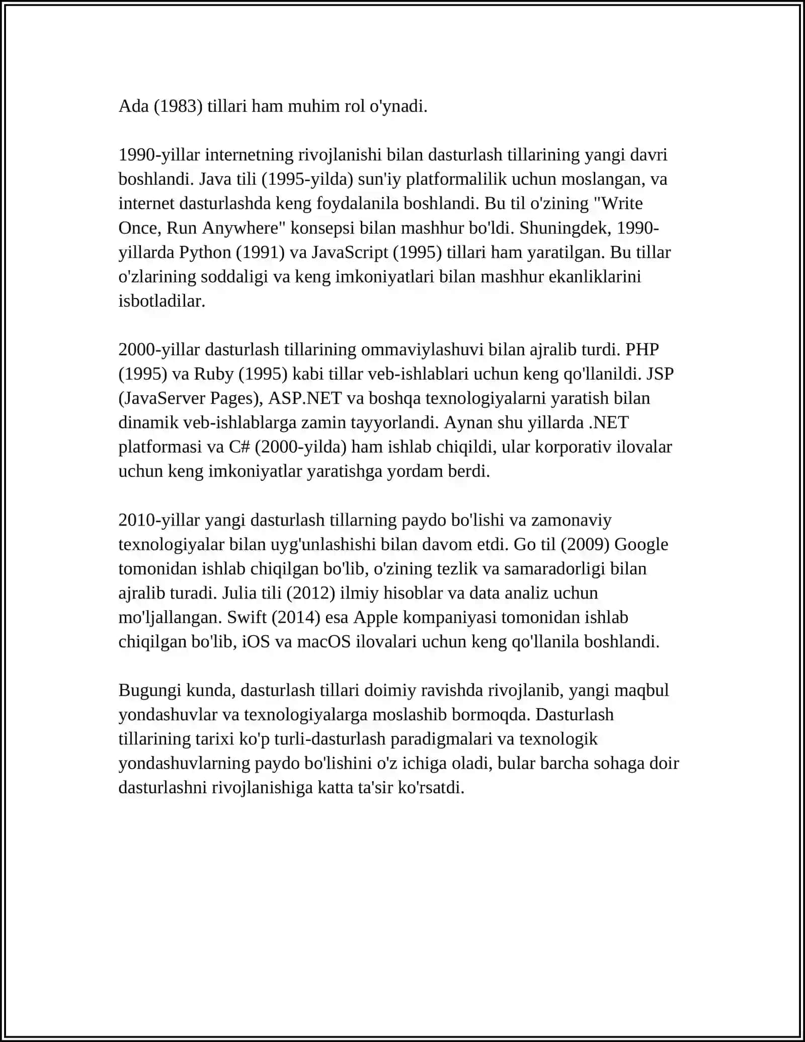 Dasturlash Tillarining Rivojlanish Tarixi. Python Dastur Tili 4