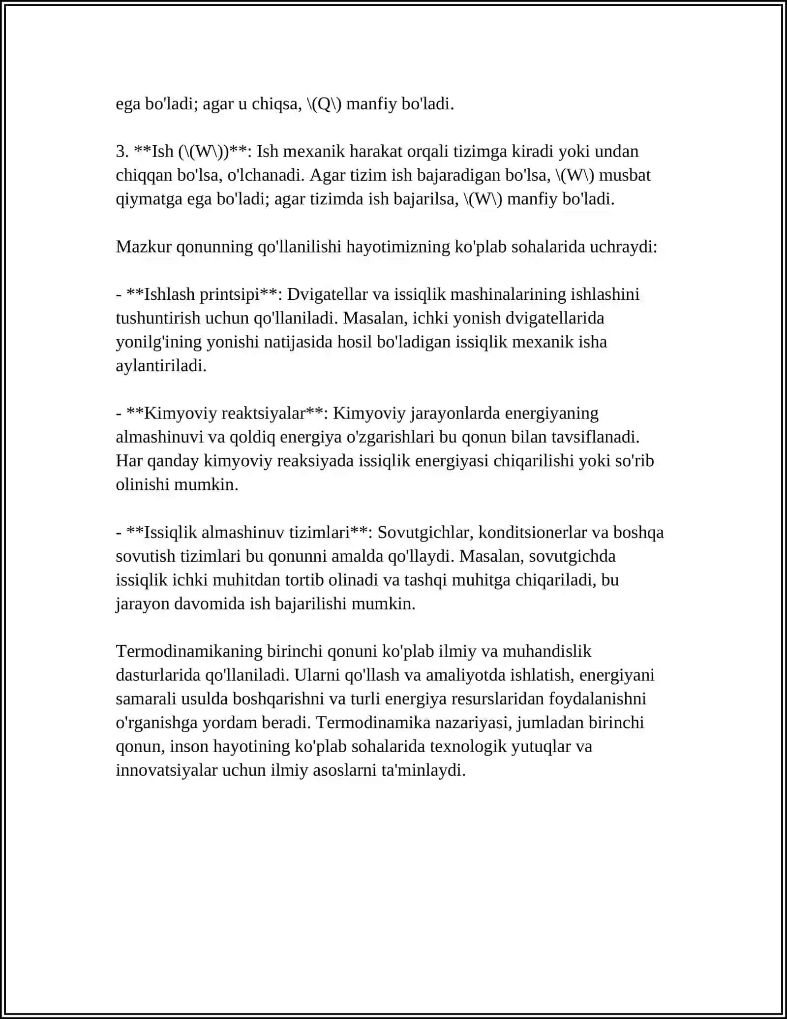 MUSTAQIL ISH Mavzu: TERMODINAMIKANING BIRINCHI, IKKINCHI QONUNLARI VA ULARNING TIRIK ORGANIZMGA TADBIQI 4