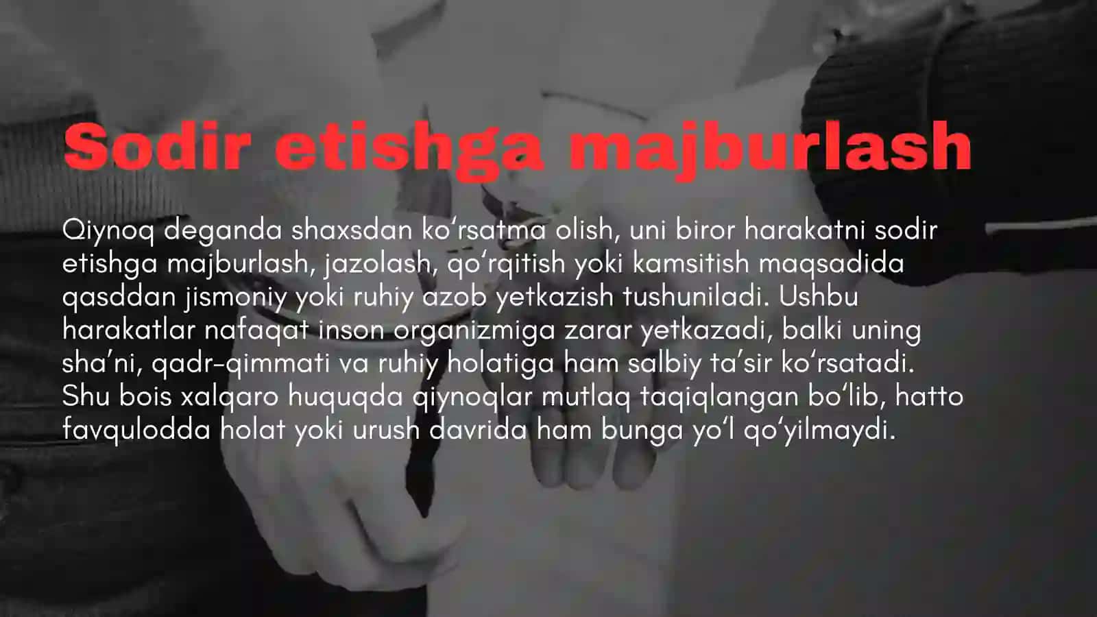 Qiynoqqa solish va boshqa shafqatsiz, g'ayriinsoniy yoki qadr-qimmatni kamsituvchi muomala hamda jazo turlarini qo'llash (JK 235-M) 4