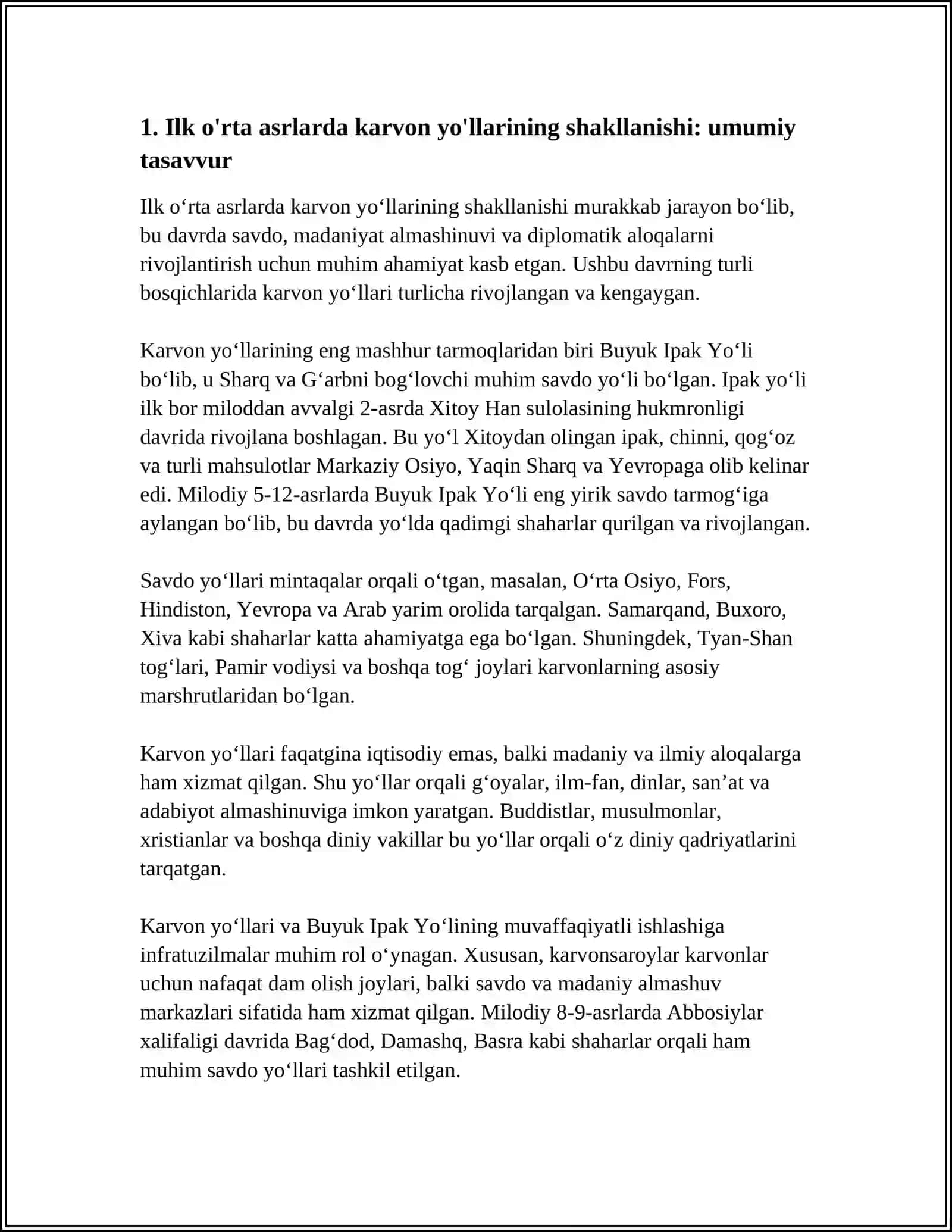 ILK O'RTA ASRLARDA KARVON YO'LLARINING SHAKLLANISHI VA BUYUK IPAK YO'LINING TANNAZULI VA SABABLARI 4