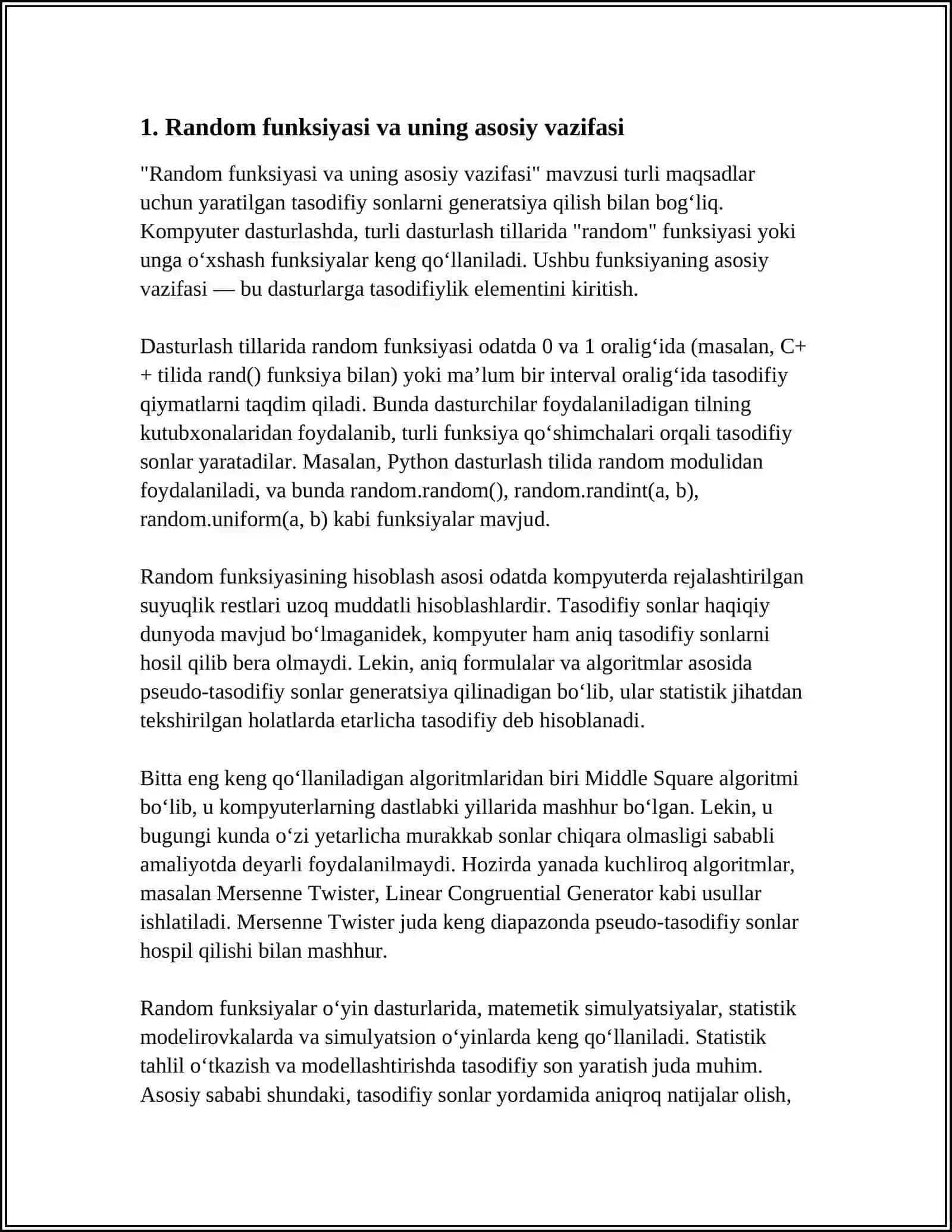 PYTHON DASTURLASH TILIDA RANDOM FUNKSIYASI VA UNING QO'LLANILISHI 4