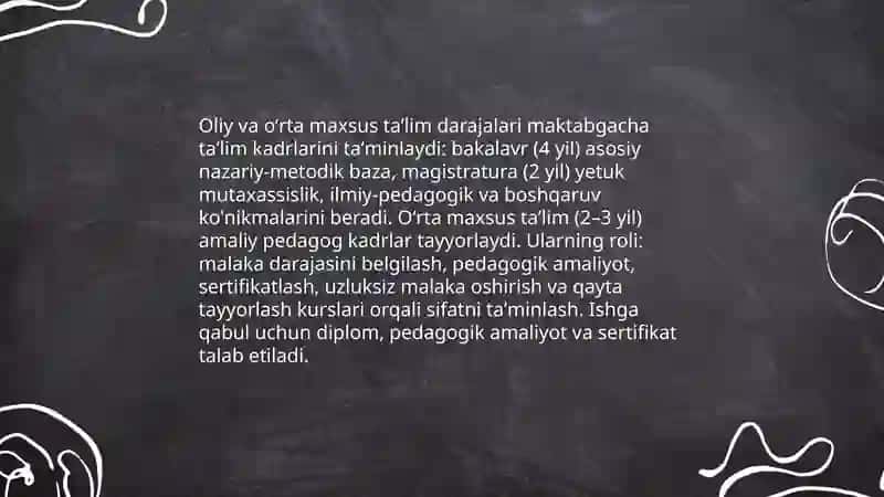 Maktabgacha taʼlim tizimida kadrlarni qayta tayyorlash va sohaga qabul qilishga qoʻyiladigan talablar 4