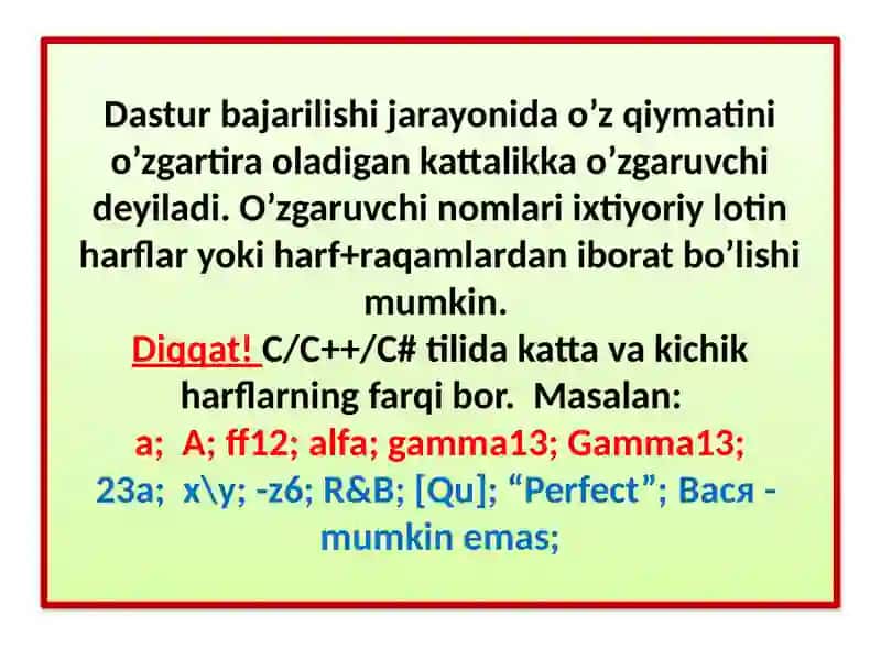 C++ tilida berilganlar turlari. O‘zgaruvchilar va ifodalar 4