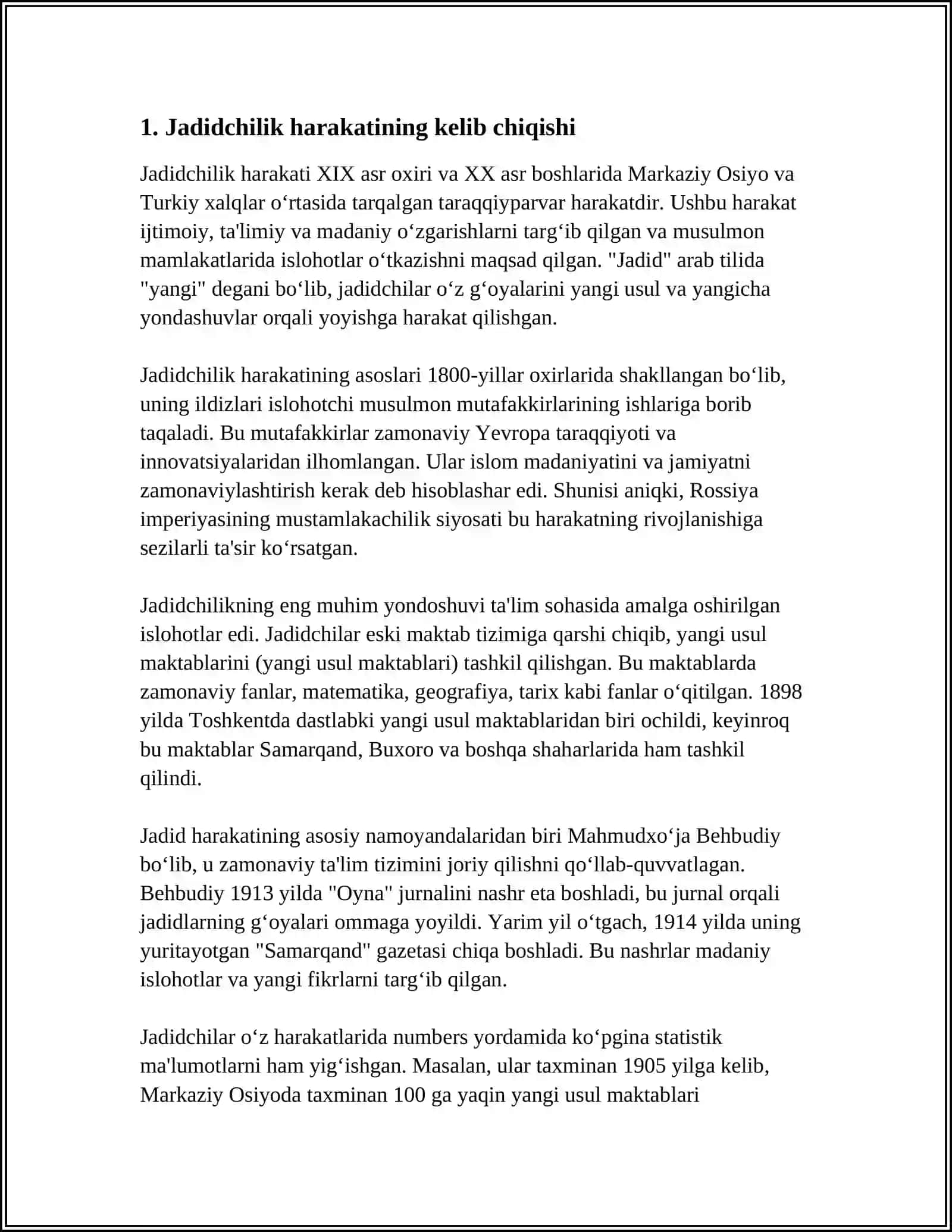 JADID MAʼRIFATPARVARLARINING OʻLKA IJTIMOIY-MA'NAVIY HAYOTDA TUTGAN OʻRNI(MUNAVVAR QORI FITRAT BEHBUDIY AVLONIY VA BOSHQALAR 4