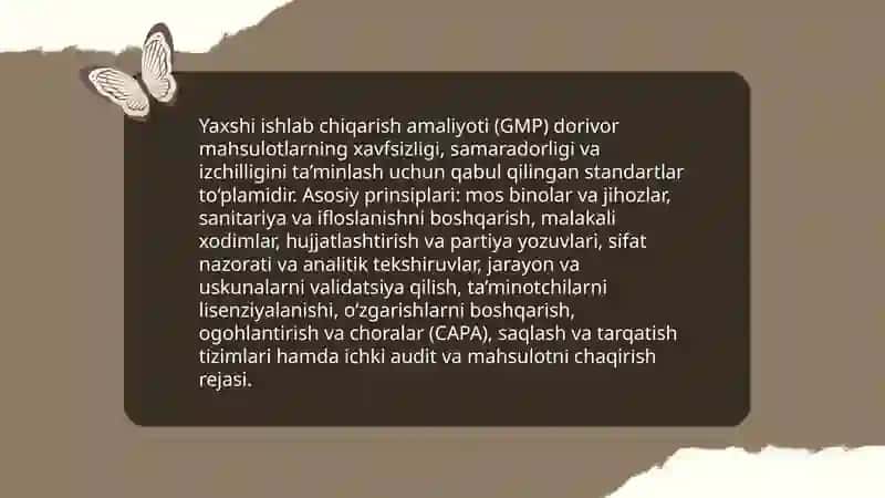 Farmasevtik ishlab chiqarish tizimini loyihalash, yaxshi ishlab chiqarish amaliyoti.(GMP) 4