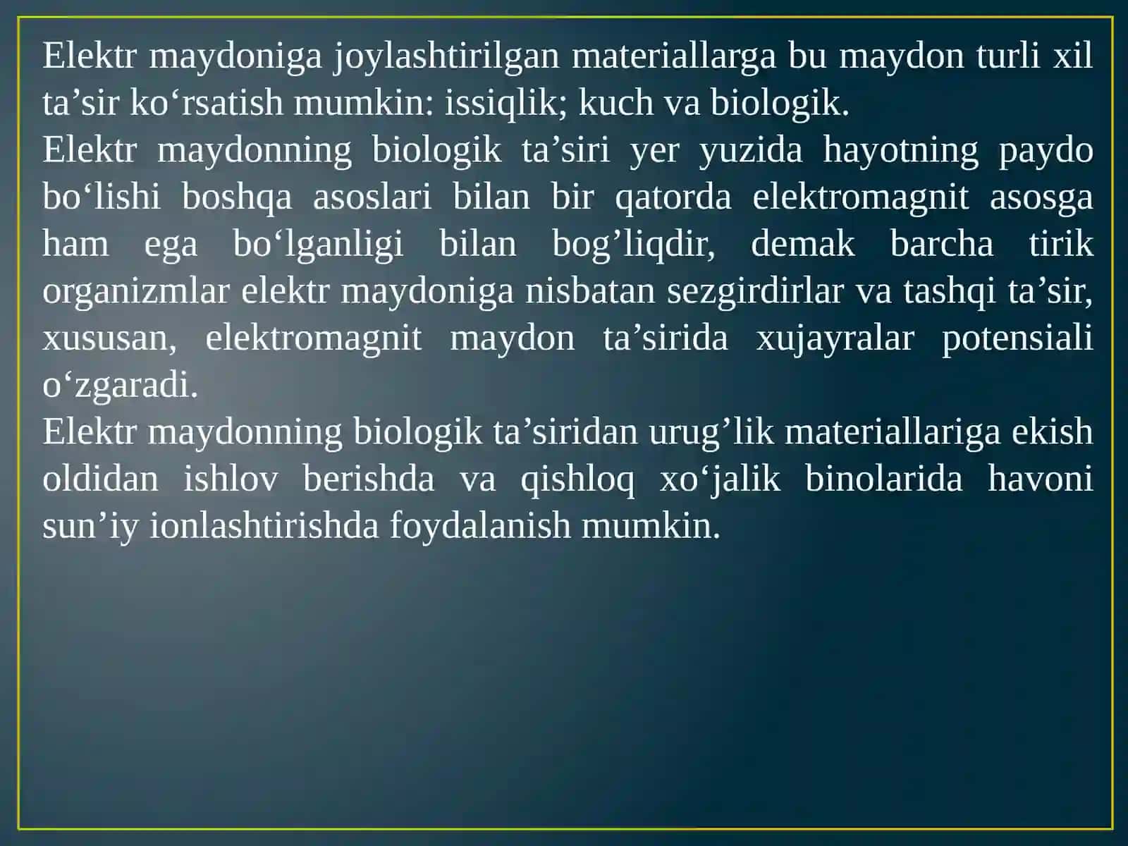 ELEKTRON-IONLI TEXNOLOGIK ASOSLARI VA QISHLOQ VA SUV XO‘JALIGIDA FOYDALANISH YO‘NALISHLARI. ULTRATOVUSH VA MAGNIT MAYDONIDAN BEVOSITA JARAYONLARDA FOYDALANISH 4