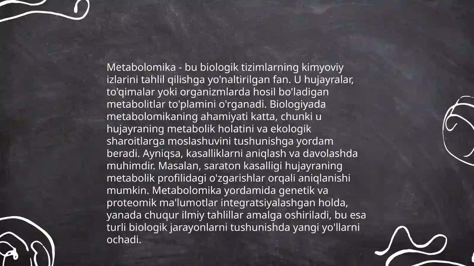 Metabolomika (tirik hujayralarda sodir bo'ladigan jarayonlarga xos noyob kimyoviy "barmoq izlari" ni tizimli o'rganish.) fanining asoslar 4