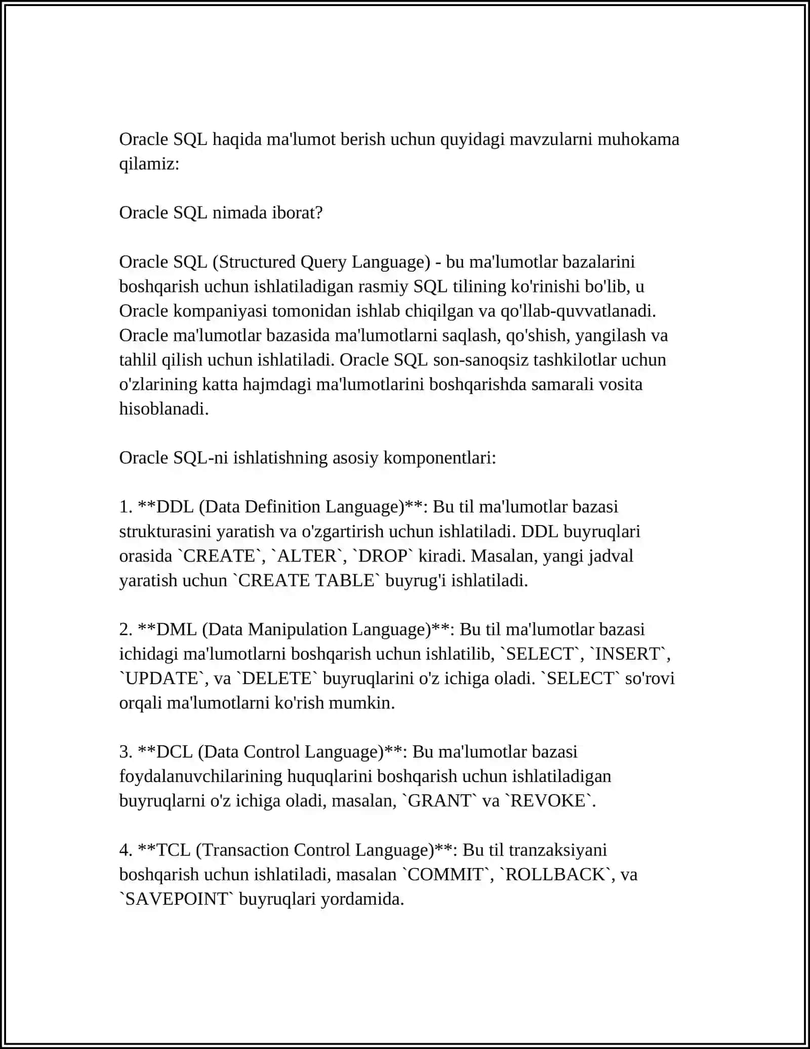 ORACLE MA’LUMOTLAR BAZASIDA BOSHQARISH TIZIMLARINING ISHLASH TEXNOLIGIYALARI 4