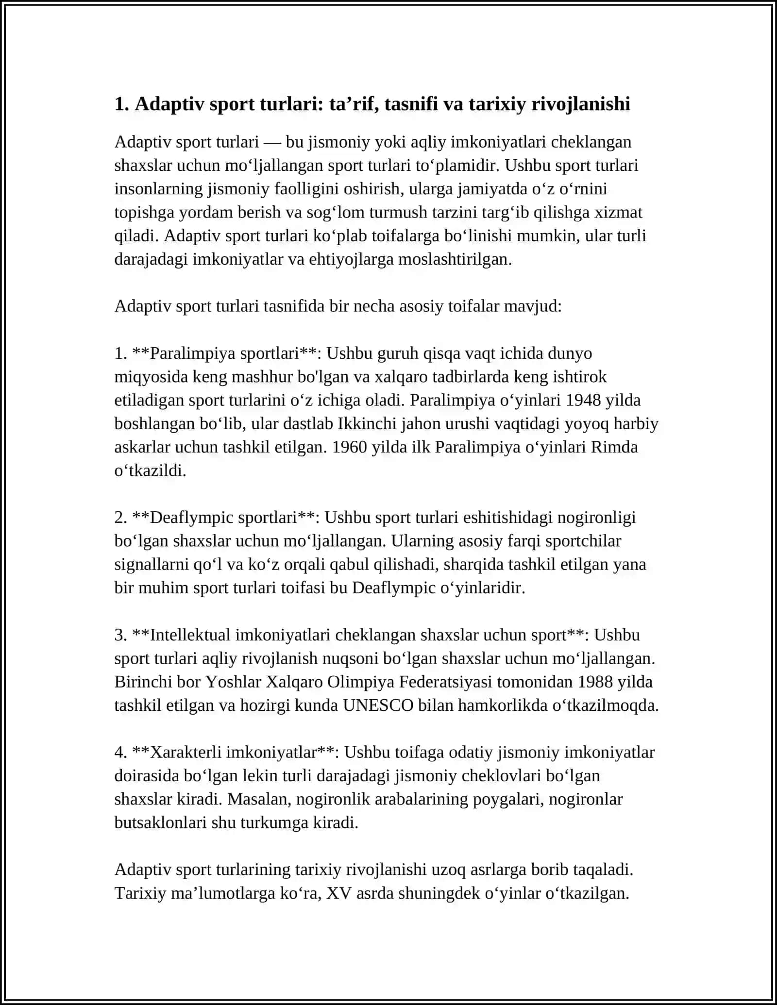 ADAPTIV SPORT TURLARI MAVZUSIGA MUSTAQIL ISH TAYYORLASH 5-10 SAXIFADA 4
